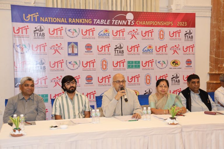 UTT National Ranking Table Tennis Championships: (L To R) Jityang Bhatt - Hon. Treasurer, TTAB, Kushal Sangtani - Hon. Secretary, GSTTA, Kamlesh Mehta - Secretary General, TTFI, Jayaben Thakkar - President, Kalpesh Thakkar- Hon. Secretary, TTAB.